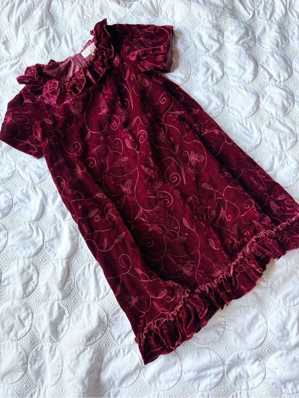 Trish Scully Child Burgundy Maroon Velvet Party Dress Floral Embroidered 12